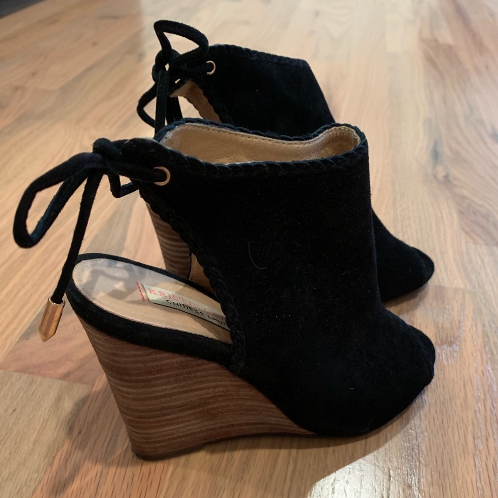 Kristin Cavallari black suede peep toe wedges